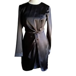 GIANNI BINI | Black Satin Faux Wrap Long Sleeve Cocktail Dress | Women's size 0